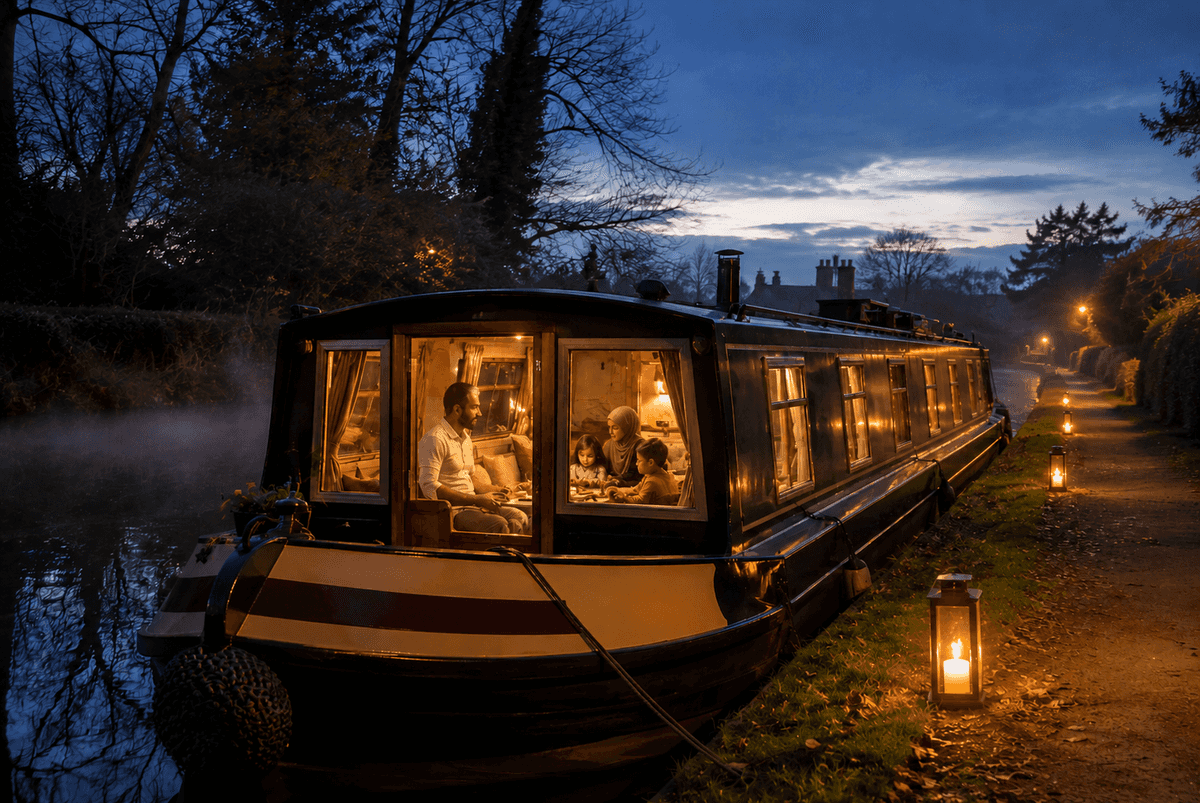 Narrowboat Holiday — moored at dusk, cabin windows glowing